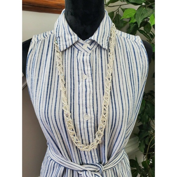 Old Navy Women Blue & White Linen Sleeveless Collared Knee Length Dress Size M - Picture 2 of 16